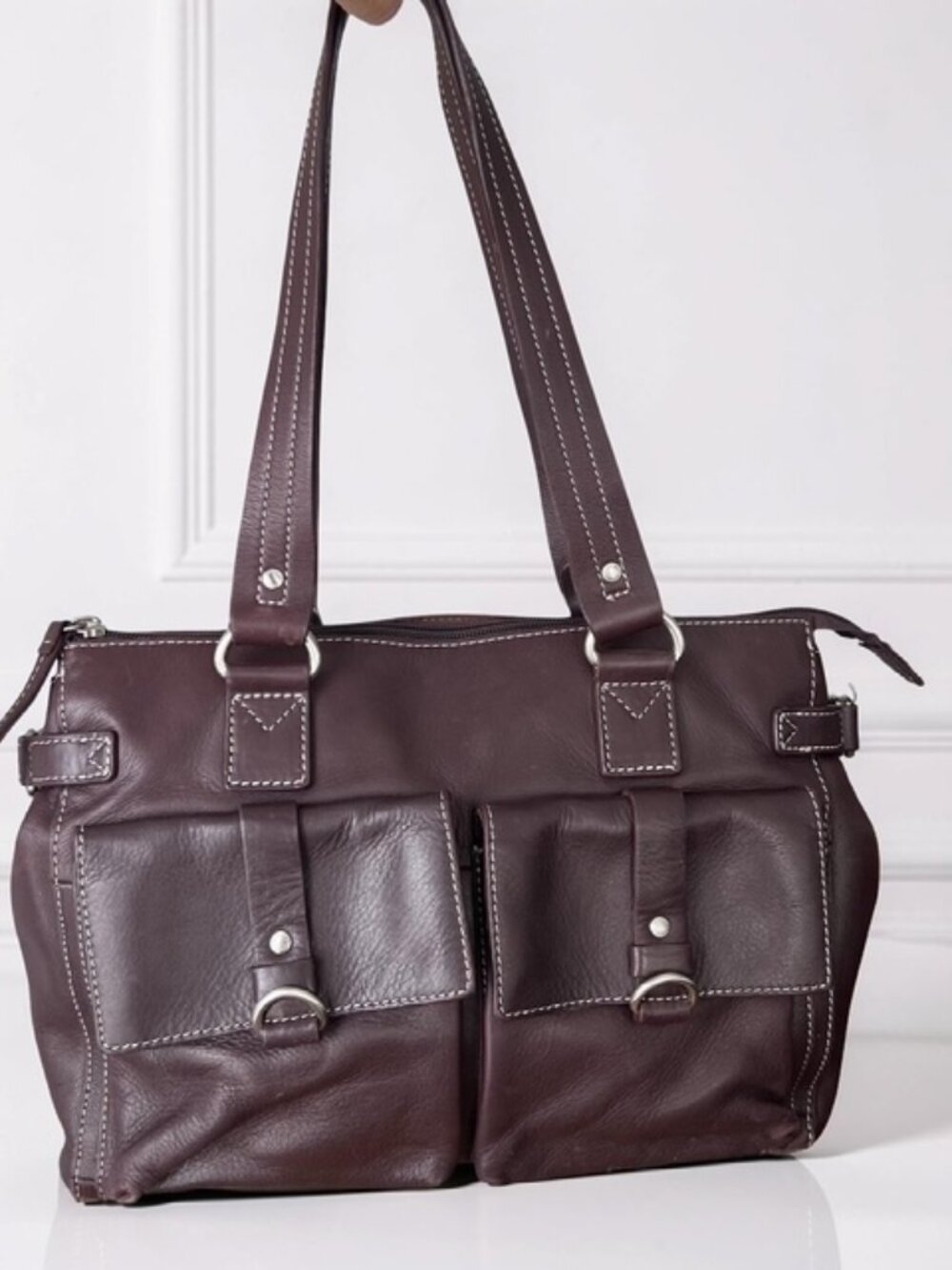 Fossil Brown Leather Satchel w/Double Pocket Detail Top Handles Handbag #75082